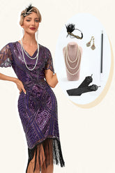 Dunkelviolettes Perlen fransenkleid aus den 1920er Jahren mit Accessoires